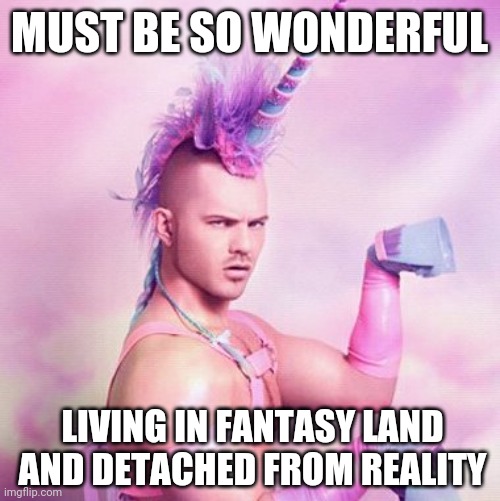 Unicorn MAN Meme | MUST BE SO WONDERFUL LIVING IN FANTASY LAND AND DETACHED FROM REALITY | image tagged in memes,unicorn man | made w/ Imgflip meme maker