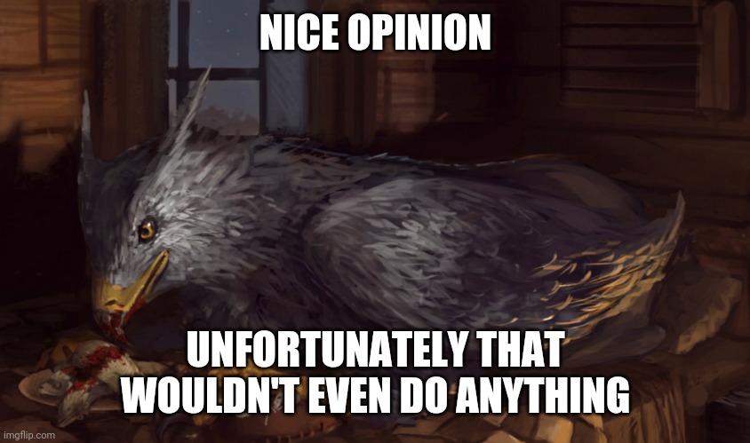 Buckbeak | NICE OPINION UNFORTUNATELY THAT WOULDN'T EVEN DO ANYTHING | image tagged in buckbeak | made w/ Imgflip meme maker