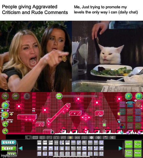 People giving Aggravated Criticism and Rude Comments; Me, Just trying to promote my levels the only way i can (daily chat) | image tagged in memes,woman yelling at cat | made w/ Imgflip meme maker