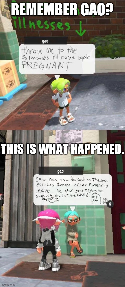 I literally have no idea how to react to this | REMEMBER GAO? THIS IS WHAT HAPPENED. | image tagged in memes,splatoon | made w/ Imgflip meme maker