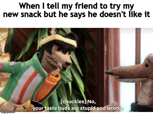 3rd grade lunches | When I tell my friend to try my new snack but he says he doesn't like it | image tagged in funny | made w/ Imgflip meme maker