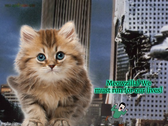 Escape while you can... | Meowzilla! We must run for our lives! | image tagged in giant,cat,oh no,this is not okie dokie | made w/ Imgflip meme maker