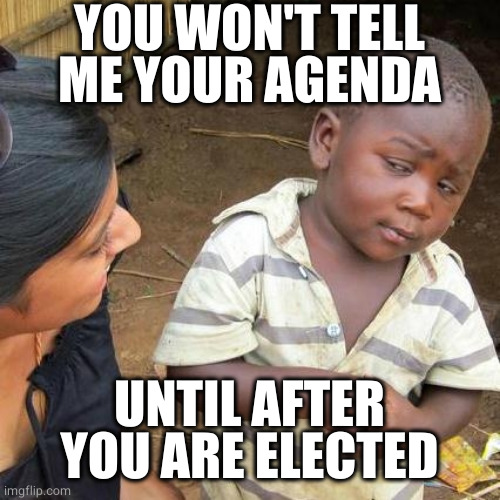 politician promise | YOU WON'T TELL ME YOUR AGENDA; UNTIL AFTER YOU ARE ELECTED | image tagged in memes,third world skeptical kid | made w/ Imgflip meme maker