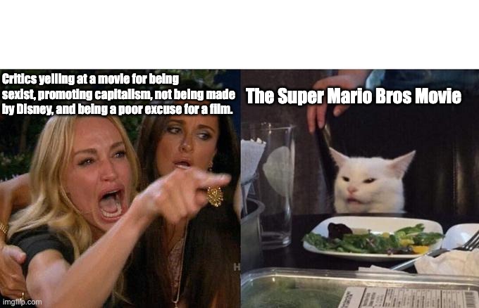 Critics yelling at movie | Critics yelling at a movie for being sexist, promoting capitalism, not being made by Disney, and being a poor excuse for a film. The Super Mario Bros Movie | image tagged in memes,woman yelling at cat | made w/ Imgflip meme maker