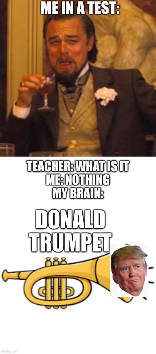 ME IN A TEST:; TEACHER: WHAT IS IT
ME: NOTHING
MY BRAIN:; DONALD TRUMPET | image tagged in memes,laughing leo,blank,trumpet | made w/ Imgflip meme maker