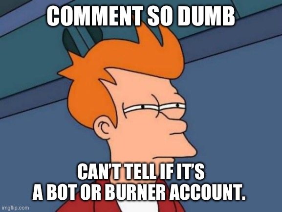 Bot or burner | COMMENT SO DUMB; CAN’T TELL IF IT’S A BOT OR BURNER ACCOUNT. | image tagged in memes,futurama fry,robot | made w/ Imgflip meme maker