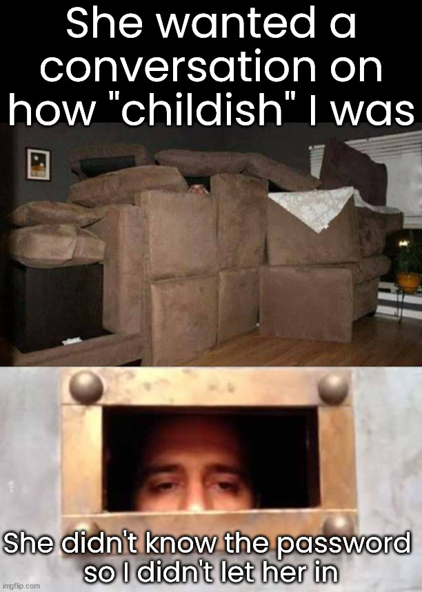 It's my fort and I have rules | She wanted a conversation on how "childish" I was; She didn't know the password 
so I didn't let her in | image tagged in whats the password,rules,fort,dating | made w/ Imgflip meme maker