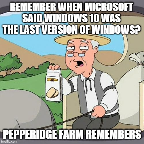 Pepperidge Farm Remembers Meme | REMEMBER WHEN MICROSOFT SAID WINDOWS 10 WAS THE LAST VERSION OF WINDOWS? PEPPERIDGE FARM REMEMBERS | image tagged in memes,pepperidge farm remembers,AdviceAnimals | made w/ Imgflip meme maker