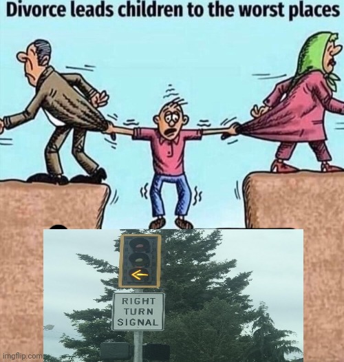 More like left turn signal | image tagged in divorce leads children to the worst places,left turn,right turn,memes,traffic sign,signs | made w/ Imgflip meme maker