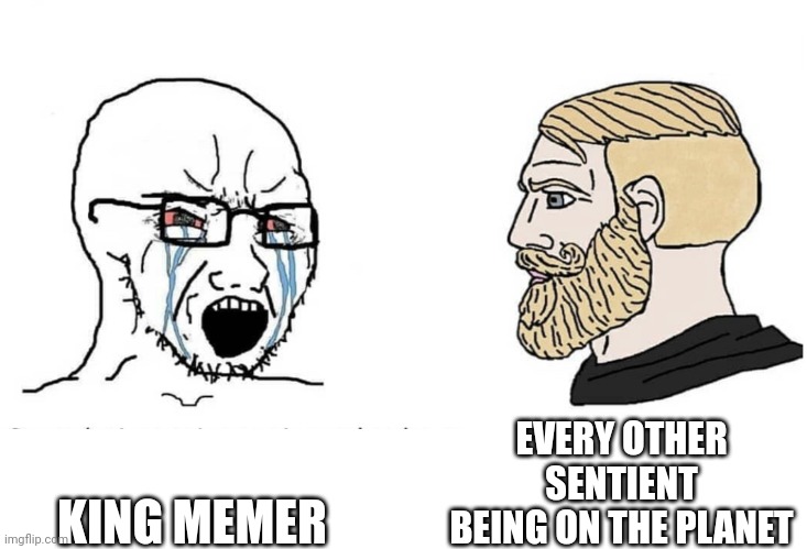Soyboy Vs Yes Chad | KING MEMER EVERY OTHER SENTIENT BEING ON THE PLANET | image tagged in soyboy vs yes chad | made w/ Imgflip meme maker