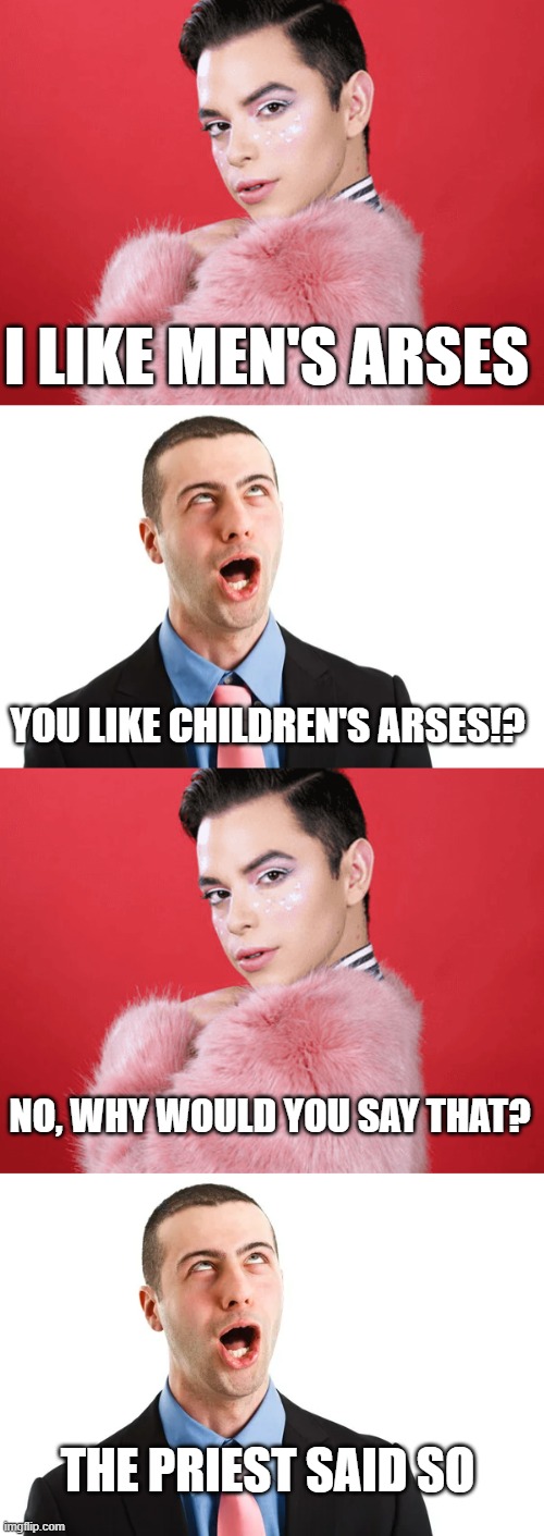I LIKE MEN'S ARSES; YOU LIKE CHILDREN'S ARSES!? NO, WHY WOULD YOU SAY THAT? THE PRIEST SAID SO | image tagged in homophobia | made w/ Imgflip meme maker