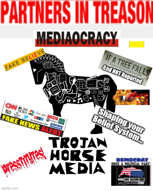 Trojan Horse Media Coup | image tagged in mediaocracy,tree in the woods,silenced majority,fake you believe,fake news | made w/ Imgflip meme maker