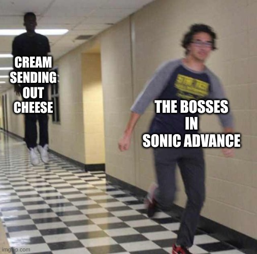 floating boy chasing running boy | CREAM SENDING OUT CHEESE; THE BOSSES IN SONIC ADVANCE | image tagged in floating boy chasing running boy | made w/ Imgflip meme maker