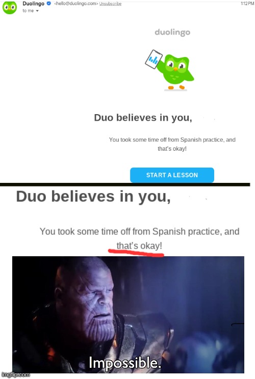 Duo is a changed bird | image tagged in blank white template,memes,thanos impossible,duolingo,insane moment,impossible | made w/ Imgflip meme maker