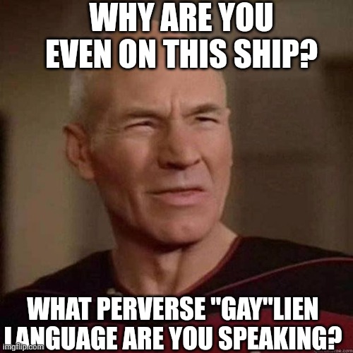 Dafuq Picard | WHY ARE YOU EVEN ON THIS SHIP? WHAT PERVERSE "GAY"LIEN LANGUAGE ARE YOU SPEAKING? | image tagged in dafuq picard | made w/ Imgflip meme maker