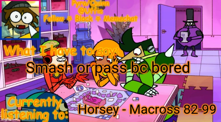 uffie's boxmore temp | Smash or pass bc bored; Horsey - Macross 82-99 | image tagged in uffie's boxmore temp | made w/ Imgflip meme maker