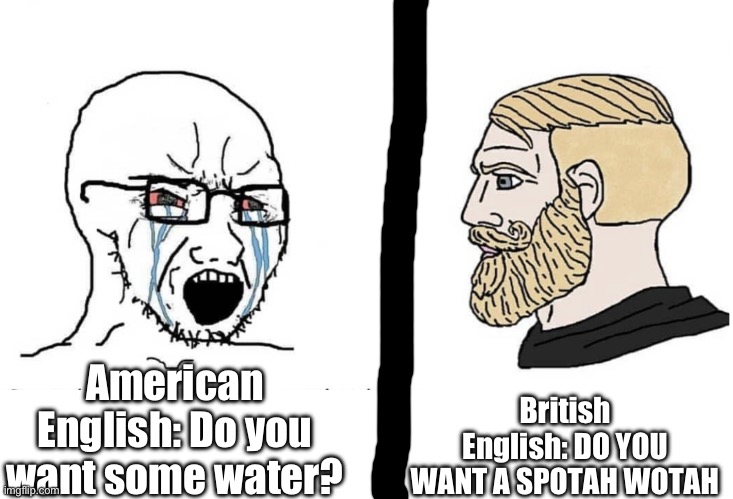 If ylyl | British English: DO YOU WANT A SPOTAH WOTAH; American English: Do you want some water? | image tagged in soyboy vs yes chad,america,british,memes | made w/ Imgflip meme maker