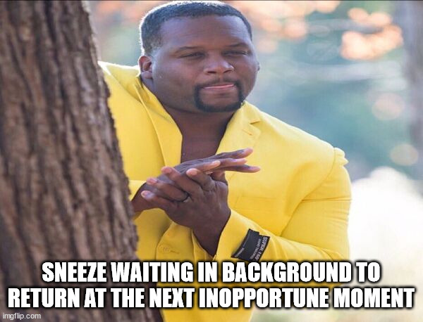 Yellow jacket | SNEEZE WAITING IN BACKGROUND TO RETURN AT THE NEXT INOPPORTUNE MOMENT | image tagged in yellow jacket | made w/ Imgflip meme maker