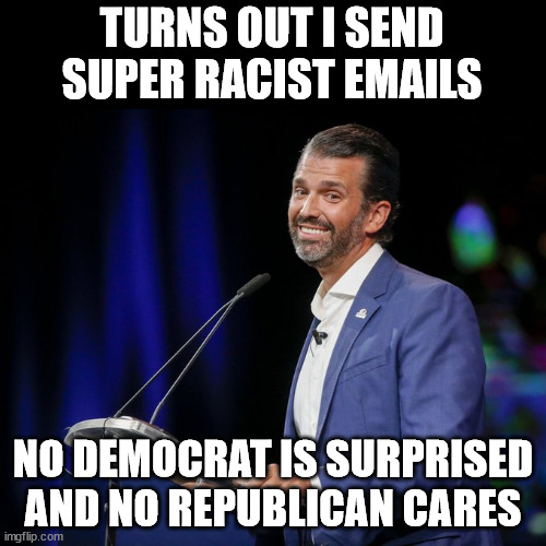 TURNS OUT I SEND SUPER RACIST EMAILS; NO DEMOCRAT IS SURPRISED AND NO REPUBLICAN CARES | made w/ Imgflip meme maker