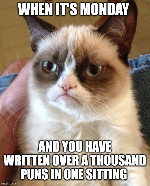 It's Monday... And puns are the only thing that keep me going | WHEN IT'S MONDAY; AND YOU HAVE WRITTEN OVER A THOUSAND PUNS IN ONE SITTING | image tagged in memes,grumpy cat | made w/ Imgflip meme maker