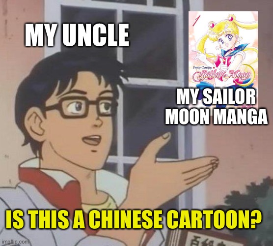 dear adult relatives, there’s more to Asia than China | MY UNCLE; MY SAILOR MOON MANGA; IS THIS A CHINESE CARTOON? | image tagged in memes,is this a pigeon | made w/ Imgflip meme maker