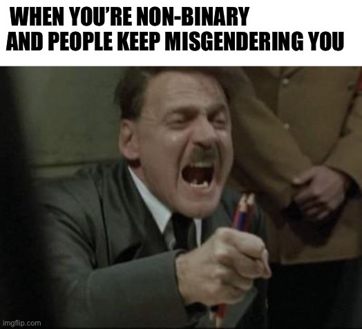 Angry Hitler Untergang Pencils | WHEN YOU’RE NON-BINARY AND PEOPLE KEEP MISGENDERING YOU | image tagged in angry hitler untergang pencils | made w/ Imgflip meme maker