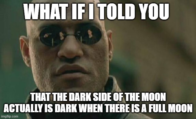 Matrix Morpheus Meme | WHAT IF I TOLD YOU; THAT THE DARK SIDE OF THE MOON ACTUALLY IS DARK WHEN THERE IS A FULL MOON | image tagged in memes,matrix morpheus | made w/ Imgflip meme maker