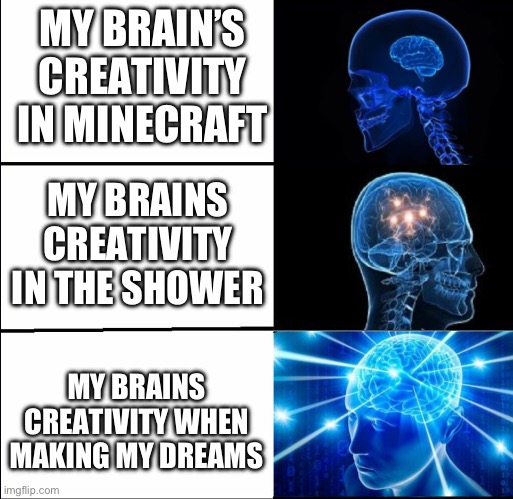 Meme #46 | MY BRAIN’S CREATIVITY IN MINECRAFT; MY BRAINS CREATIVITY IN THE SHOWER; MY BRAINS CREATIVITY WHEN MAKING MY DREAMS | image tagged in galaxy brain 3 brains,brain,minecraft,would you stop reading the tags,please,have a cookie | made w/ Imgflip meme maker