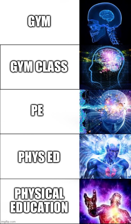 Meme #47 | GYM; GYM CLASS; PE; PHYS ED; PHYSICAL EDUCATION | image tagged in 5 panel galaxy brain,school,pe | made w/ Imgflip meme maker