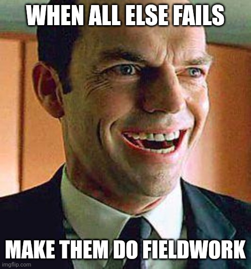 Agent smith | WHEN ALL ELSE FAILS; MAKE THEM DO FIELDWORK | image tagged in agent smith | made w/ Imgflip meme maker