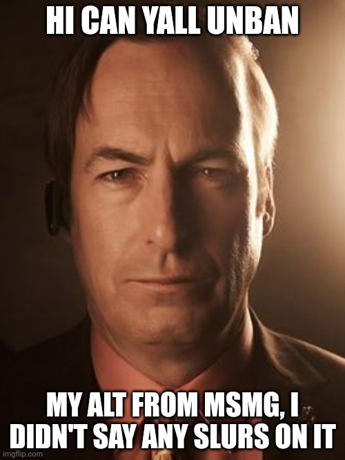 Saul Goodman | HI CAN YALL UNBAN; MY ALT FROM MSMG, I DIDN'T SAY ANY SLURS ON IT | image tagged in saul goodman | made w/ Imgflip meme maker