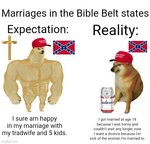 The Bible Belt states have the highest rates of divorce despite being "the land of Christian values" | Marriages in the Bible Belt states; Reality:; Expectation:; I sure am happy in my marriage with my tradwife and 5 kids. I got married at age 18 because I was horny and couldn't wait any longer, now I want a divorce because I'm sick of the woman I'm married to. | image tagged in memes,buff doge vs cheems,the south,marriage,conservatives,irony | made w/ Imgflip meme maker