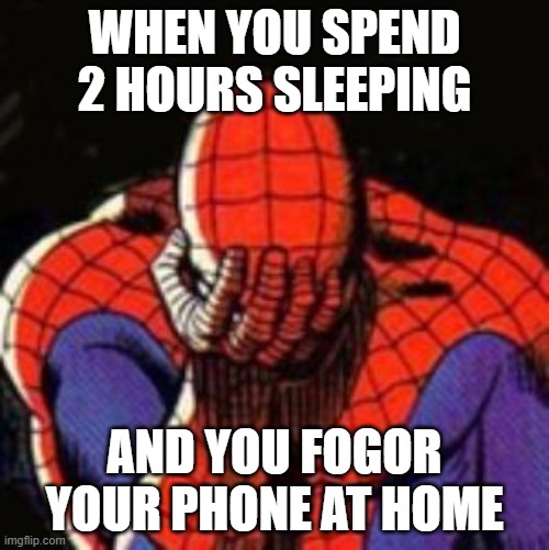 Sad Spiderman Meme | WHEN YOU SPEND 2 HOURS SLEEPING; AND YOU FOGOR YOUR PHONE AT HOME | image tagged in memes,sad spiderman,spiderman,phone | made w/ Imgflip meme maker