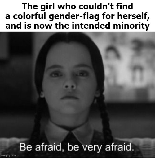 The New Rebel: When Nature Strikes Back | The girl who couldn't find a colorful gender-flag for herself, and is now the intended minority | image tagged in gender identity,wednesday addams,identity politics | made w/ Imgflip meme maker