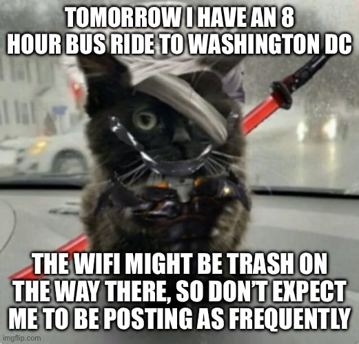 Doktor, Turn Off My Cute Inhibitors! | TOMORROW I HAVE AN 8 HOUR BUS RIDE TO WASHINGTON DC; THE WIFI MIGHT BE TRASH ON THE WAY THERE, SO DON’T EXPECT ME TO BE POSTING AS FREQUENTLY | image tagged in raiden cat | made w/ Imgflip meme maker