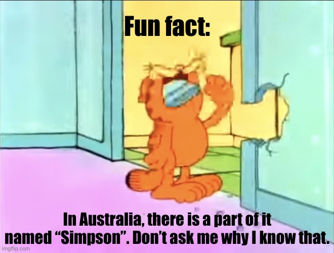 Garfield drywall | Fun fact:; In Australia, there is a part of it named “Simpson”. Don’t ask me why I know that. | image tagged in garfield drywall | made w/ Imgflip meme maker