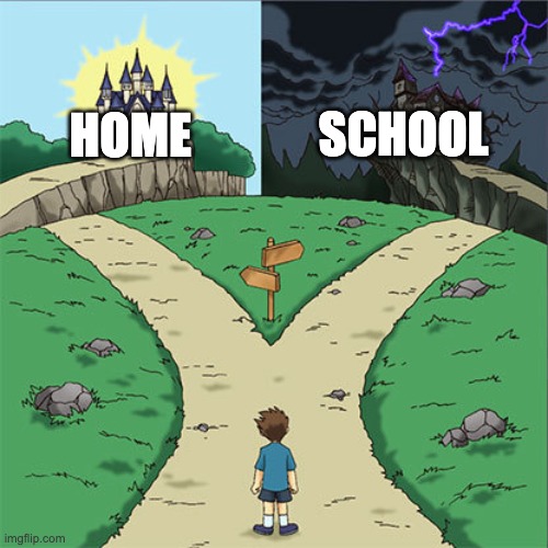 buruh | SCHOOL; HOME | image tagged in two paths,funny,funny memes,fun,home,school | made w/ Imgflip meme maker