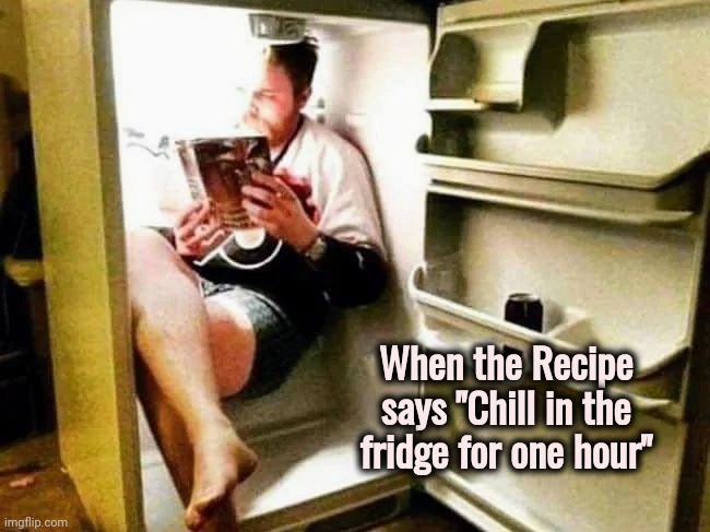 Just following the instructions | When the Recipe says "Chill in the fridge for one hour" | image tagged in chef,well yes but actually no,delicious,when x just right,be careful,just do it | made w/ Imgflip meme maker