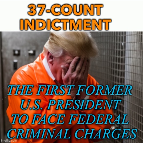 37-count  indictment | 37-COUNT 
INDICTMENT; THE FIRST FORMER 
U.S. PRESIDENT 
TO FACE FEDERAL 
CRIMINAL CHARGES | image tagged in donald trump criminal | made w/ Imgflip meme maker
