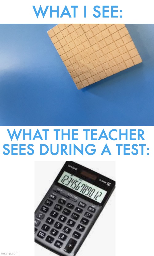True ngl | WHAT I SEE:; WHAT THE TEACHER SEES DURING A TEST: | image tagged in calculator,teacher,test,cats | made w/ Imgflip meme maker