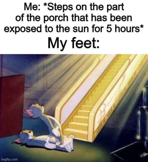 Existent posting in a stream with capital letters (Not including the Existent_Stream)? No way :O | Me: *Steps on the part of the porch that has been exposed to the sun for 5 hours*; My feet: | image tagged in this,meme,for,the,w | made w/ Imgflip meme maker