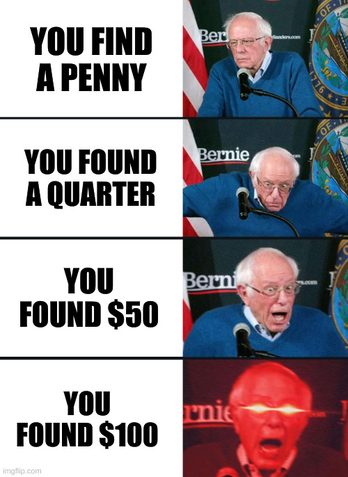 POV You Found Monny | YOU FIND A PENNY; YOU FOUND A QUARTER; YOU FOUND $50; YOU FOUND $100 | image tagged in bernie sanders reaction nuked | made w/ Imgflip meme maker