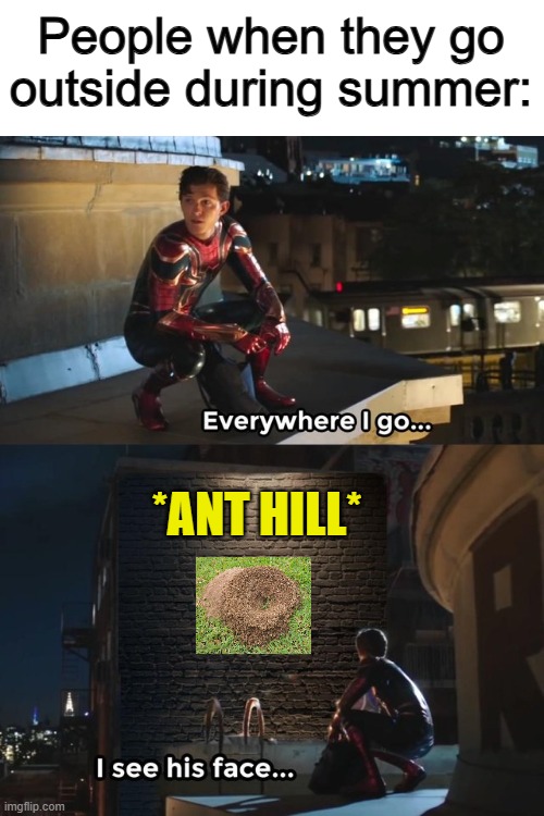 When summer comes, ANT HILLS ARE EVERYWHERE @_@ | People when they go outside during summer:; *ANT HILL* | image tagged in everywhere i go i see his face | made w/ Imgflip meme maker