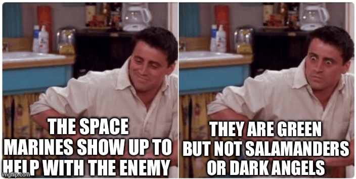Joey from Friends | THE SPACE MARINES SHOW UP TO HELP WITH THE ENEMY; THEY ARE GREEN BUT NOT SALAMANDERS OR DARK ANGELS | image tagged in joey from friends | made w/ Imgflip meme maker