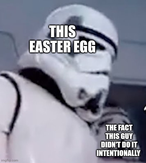 2 stormtroopers | THIS EASTER EGG; THE FACT THIS GUY DIDN'T DO IT INTENTIONALLY | image tagged in 2 stormtroopers | made w/ Imgflip meme maker