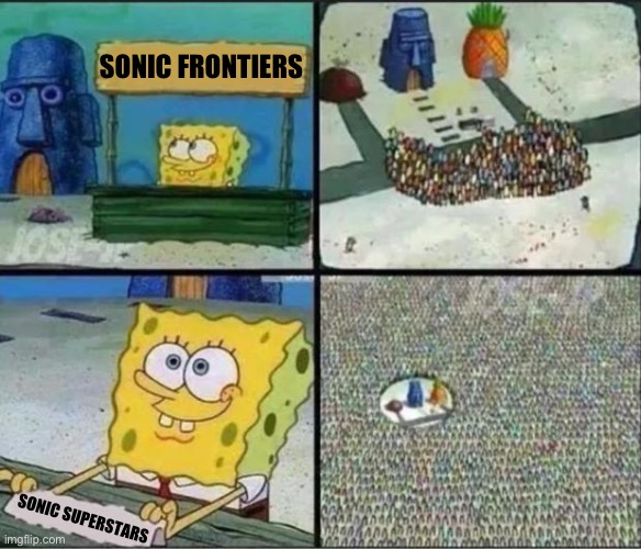 I’m SO HYPE | SONIC FRONTIERS; SONIC SUPERSTARS | image tagged in spongebob hype stand | made w/ Imgflip meme maker