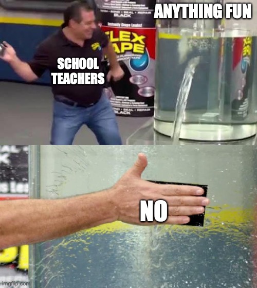 They hate fun ? | ANYTHING FUN; SCHOOL TEACHERS; NO | image tagged in flex tape,school meme | made w/ Imgflip meme maker