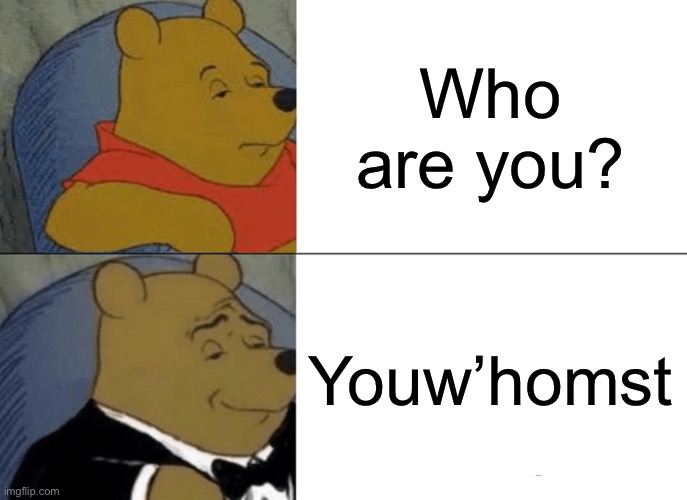 Tuxedo Winnie The Pooh Meme | Who are you? Youw’homst | image tagged in memes,tuxedo winnie the pooh | made w/ Imgflip meme maker