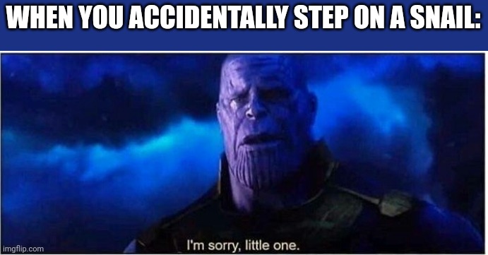 Deepest Sorrows | WHEN YOU ACCIDENTALLY STEP ON A SNAIL: | image tagged in thanos i'm sorry little one,snail,steps,sorry,i'm sorry | made w/ Imgflip meme maker