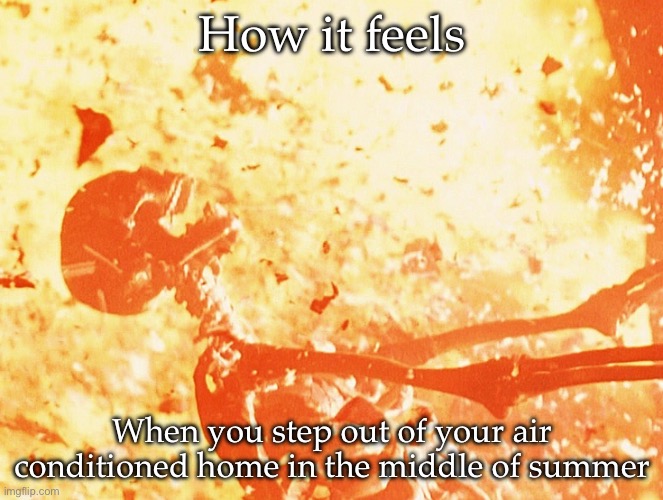 It do be like this | How it feels; When you step out of your air conditioned home in the middle of summer | image tagged in fire skeleton,hot,summer,burning | made w/ Imgflip meme maker